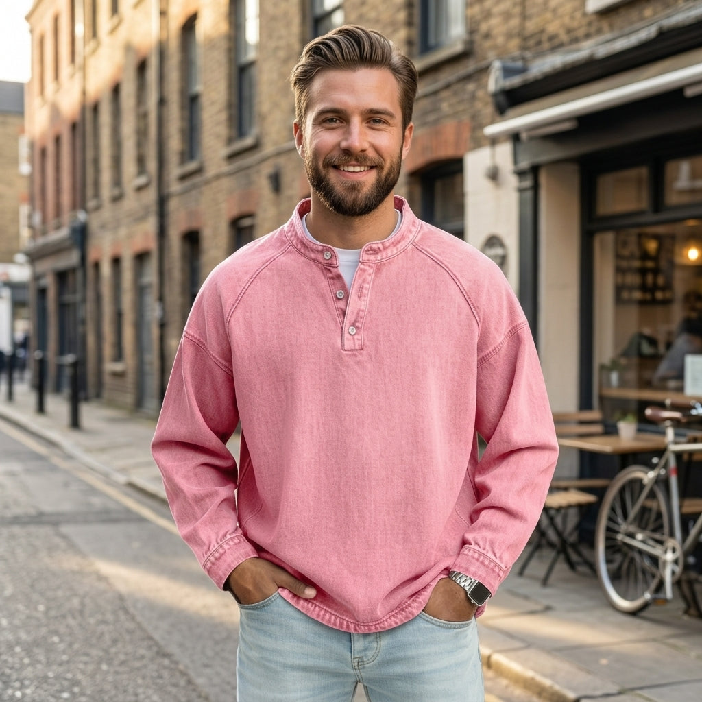 Men's Vintage Washed Denim Style Henley Pullover