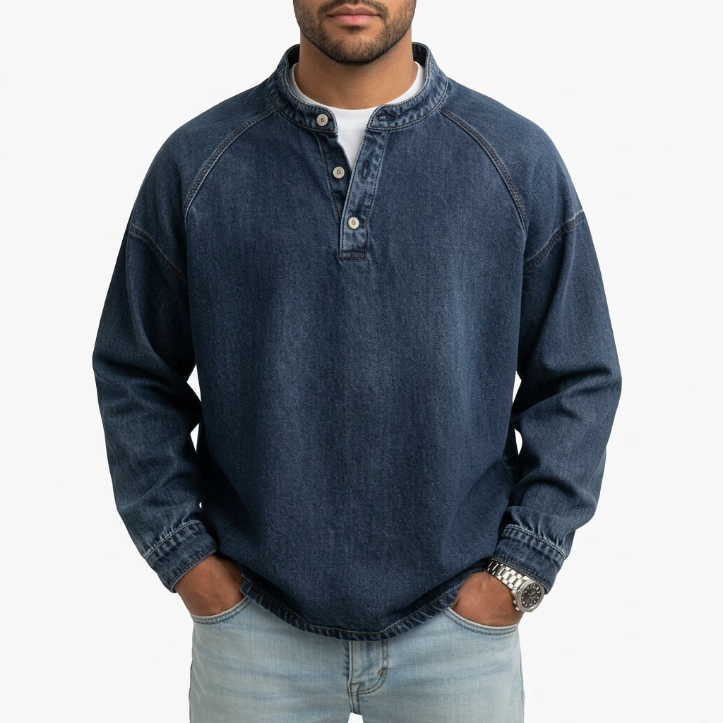 Men's Vintage Washed Denim Style Henley Pullover