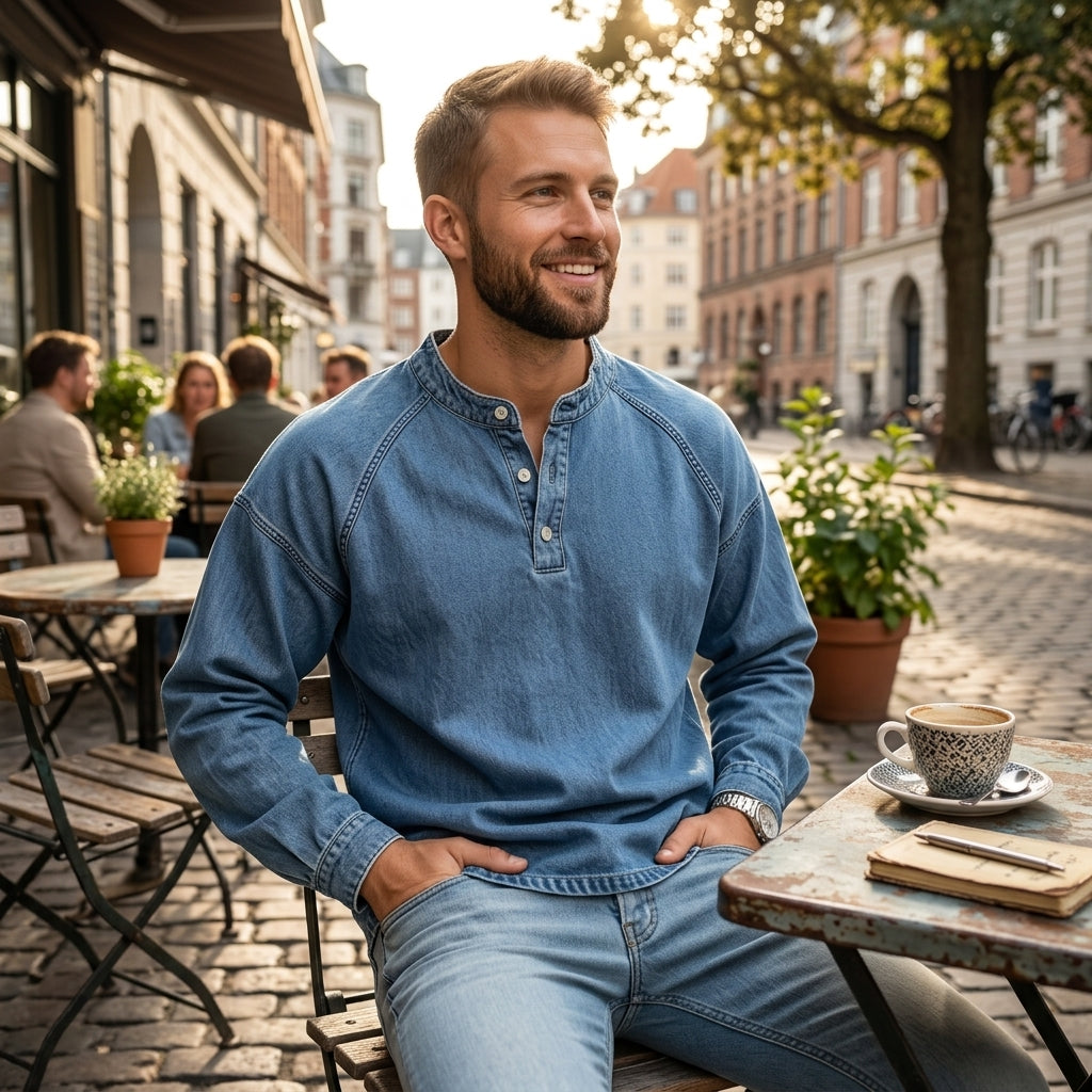 Men's Vintage Washed Denim Style Henley Pullover