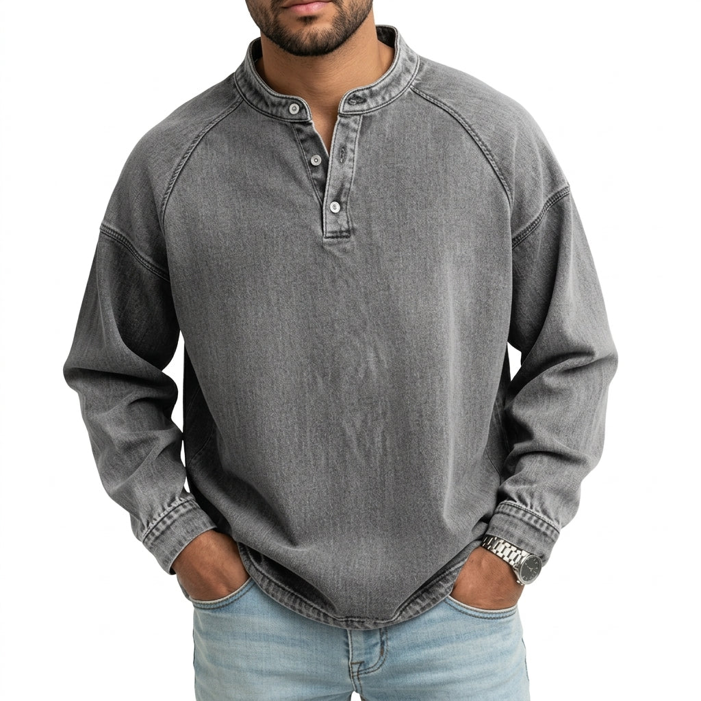 Men's Vintage Washed Denim Style Henley Pullover