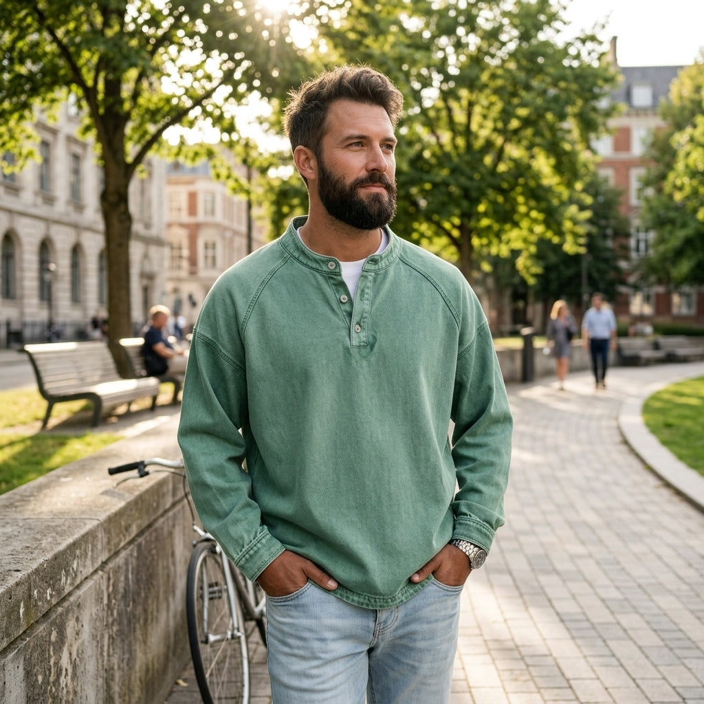 Men's Vintage Washed Denim Style Henley Pullover