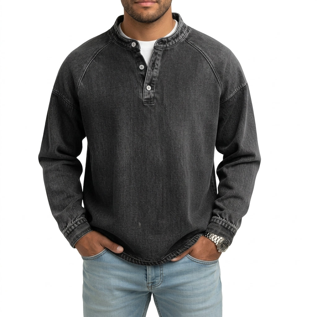 Men's Vintage Washed Denim Style Henley Pullover