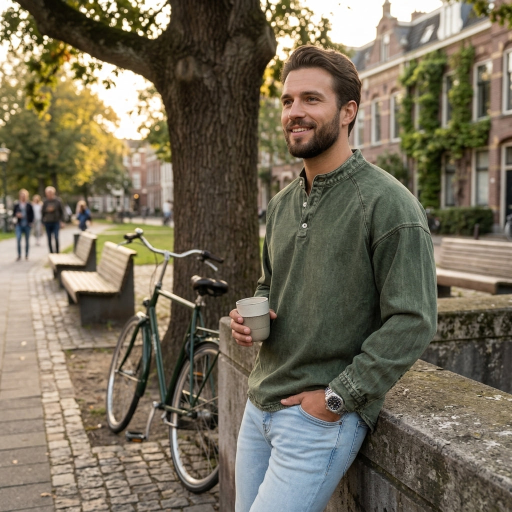 Men's Vintage Washed Denim Style Henley Pullover