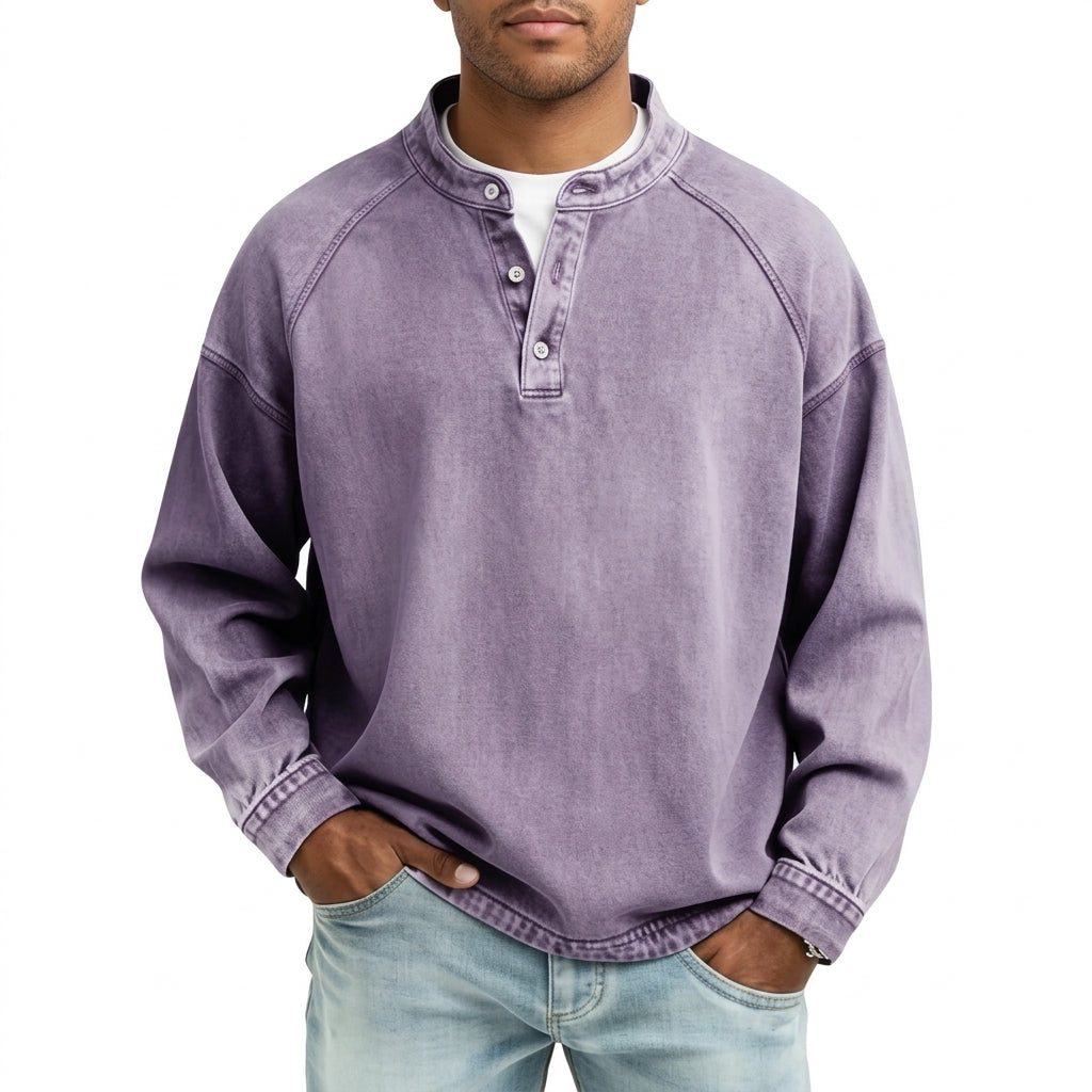 Men's Vintage Washed Denim Style Henley Pullover