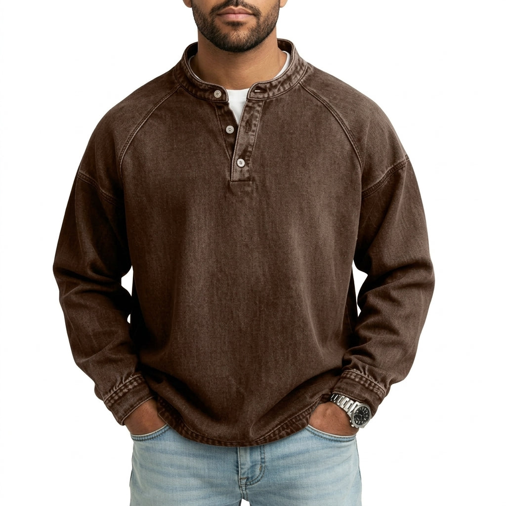 Men's Vintage Washed Denim Style Henley Pullover