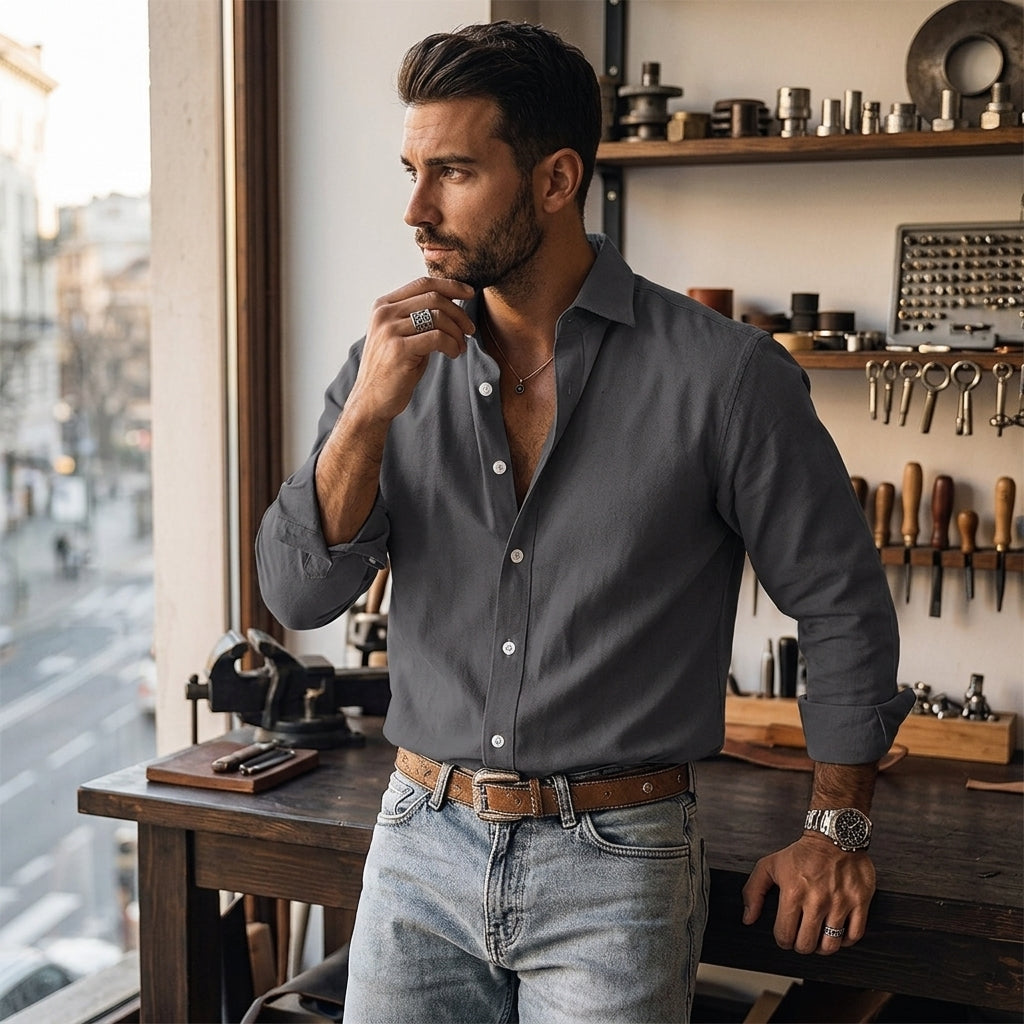 Men's Classic Solid Long-Sleeve Shirt