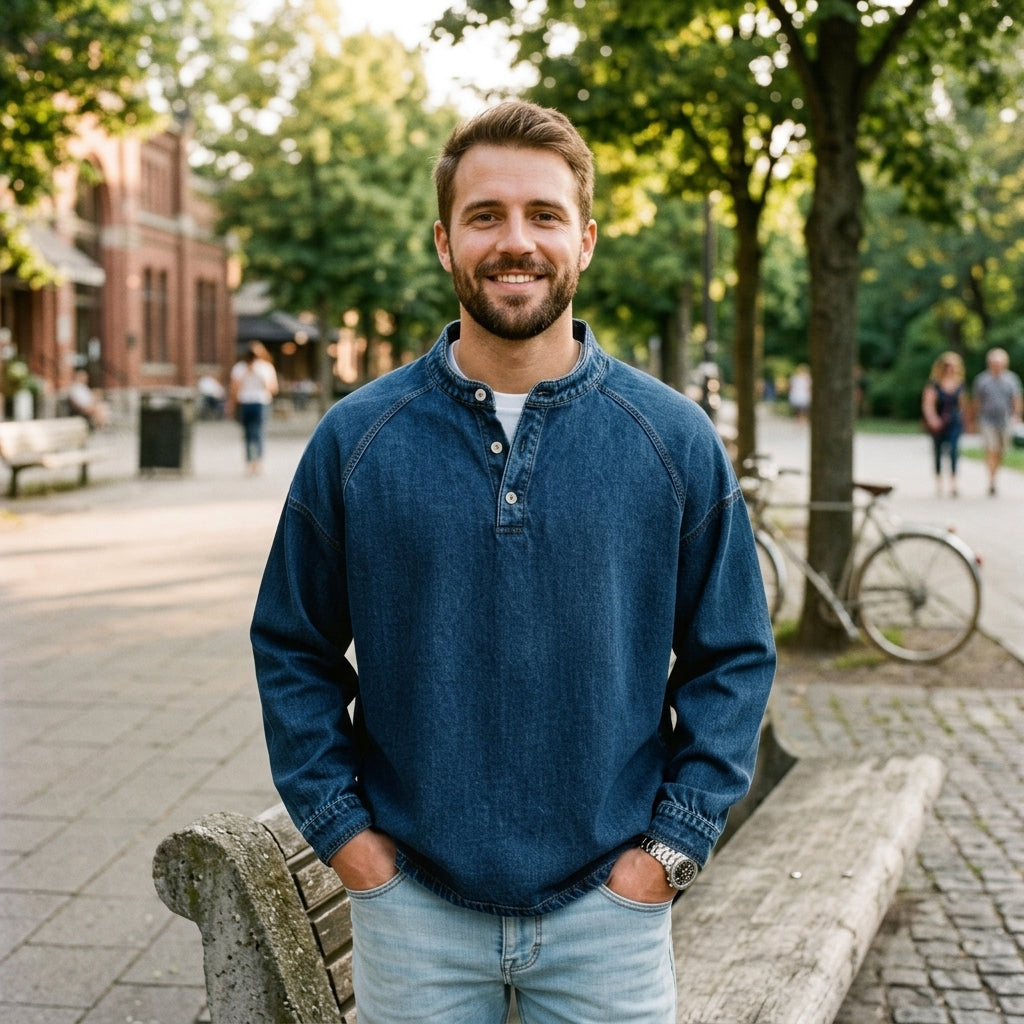 Men's Vintage Washed Denim Style Henley Pullover