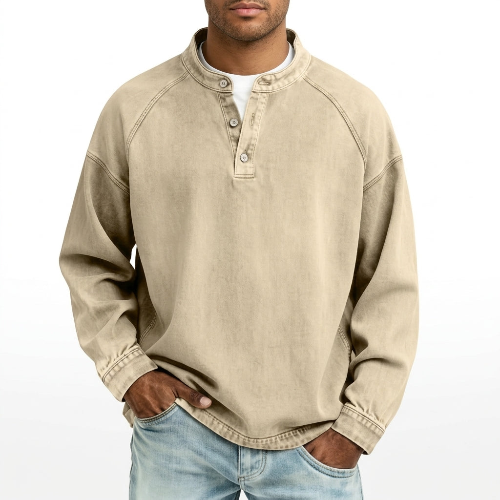 Men's Vintage Washed Denim Style Henley Pullover