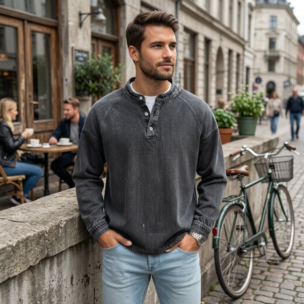 Men's Vintage Washed Denim Style Henley Pullover