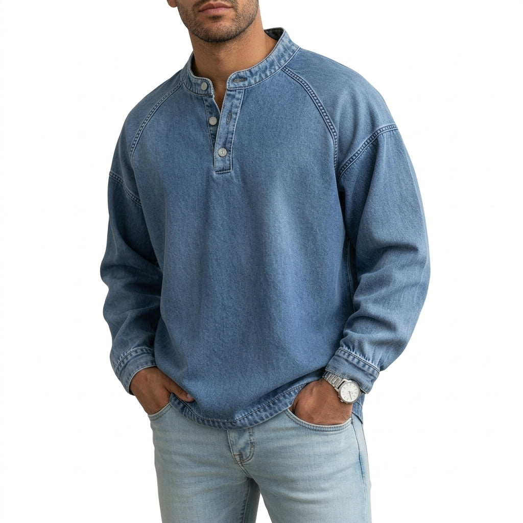 Men's Vintage Washed Denim Style Henley Pullover