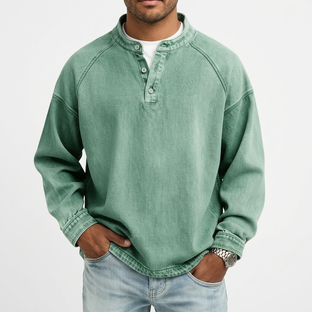 Men's Vintage Washed Denim Style Henley Pullover