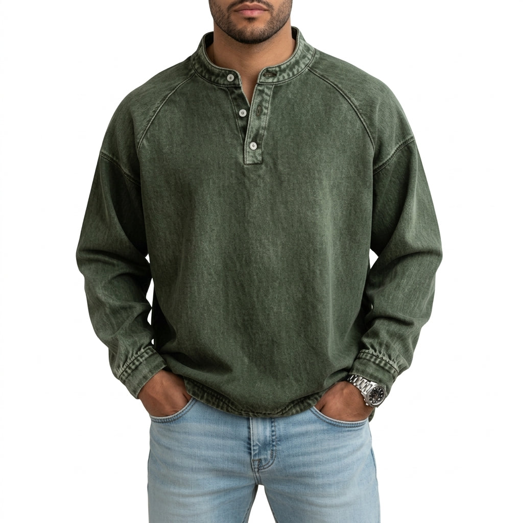 Men's Vintage Washed Denim Style Henley Pullover