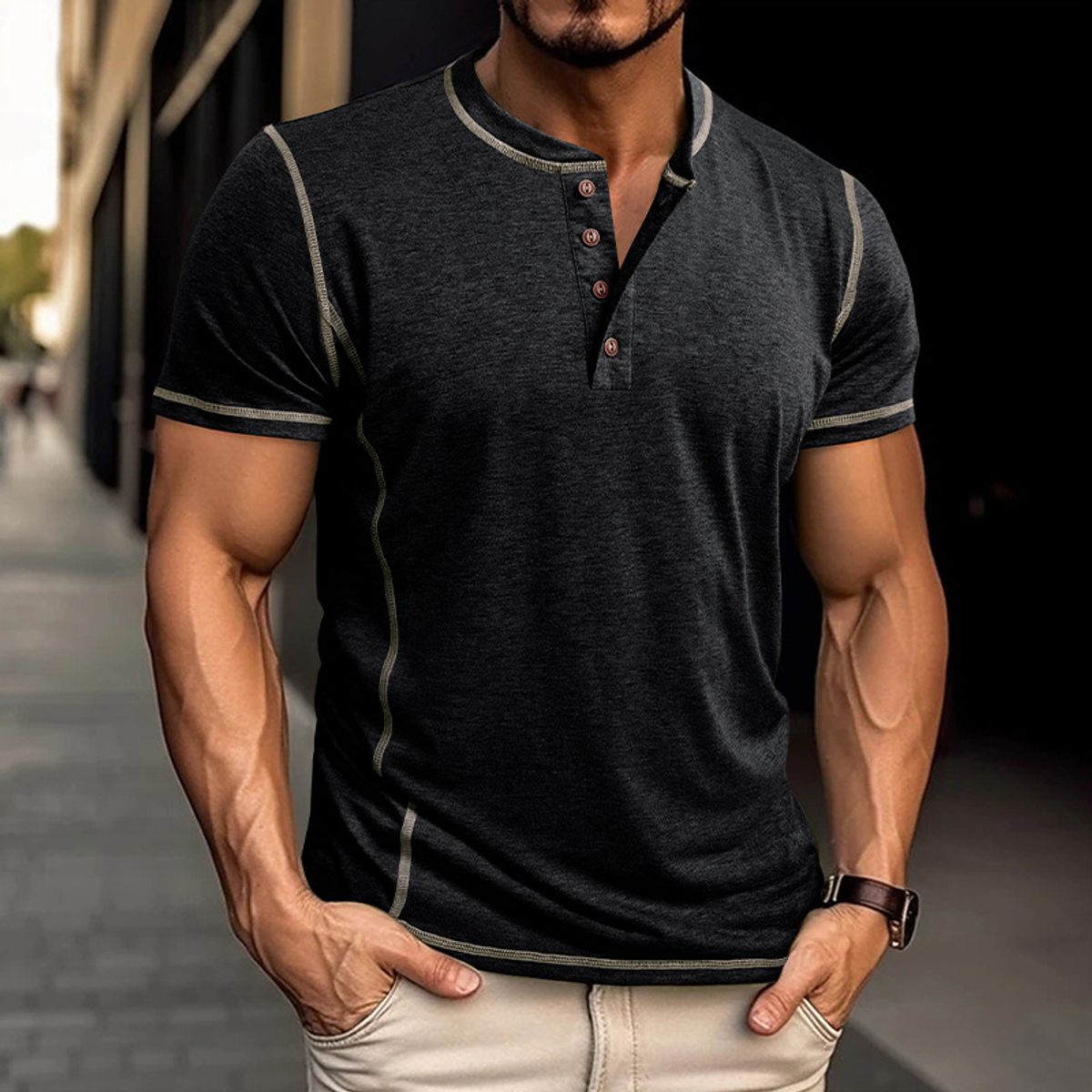 Herren Atmungsaktives Kurzarm-Henley-Shirt mit schmaler Passform