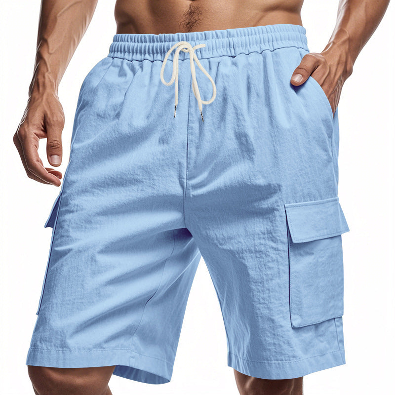 Light blue cargo shorts with a drawstring on a white background