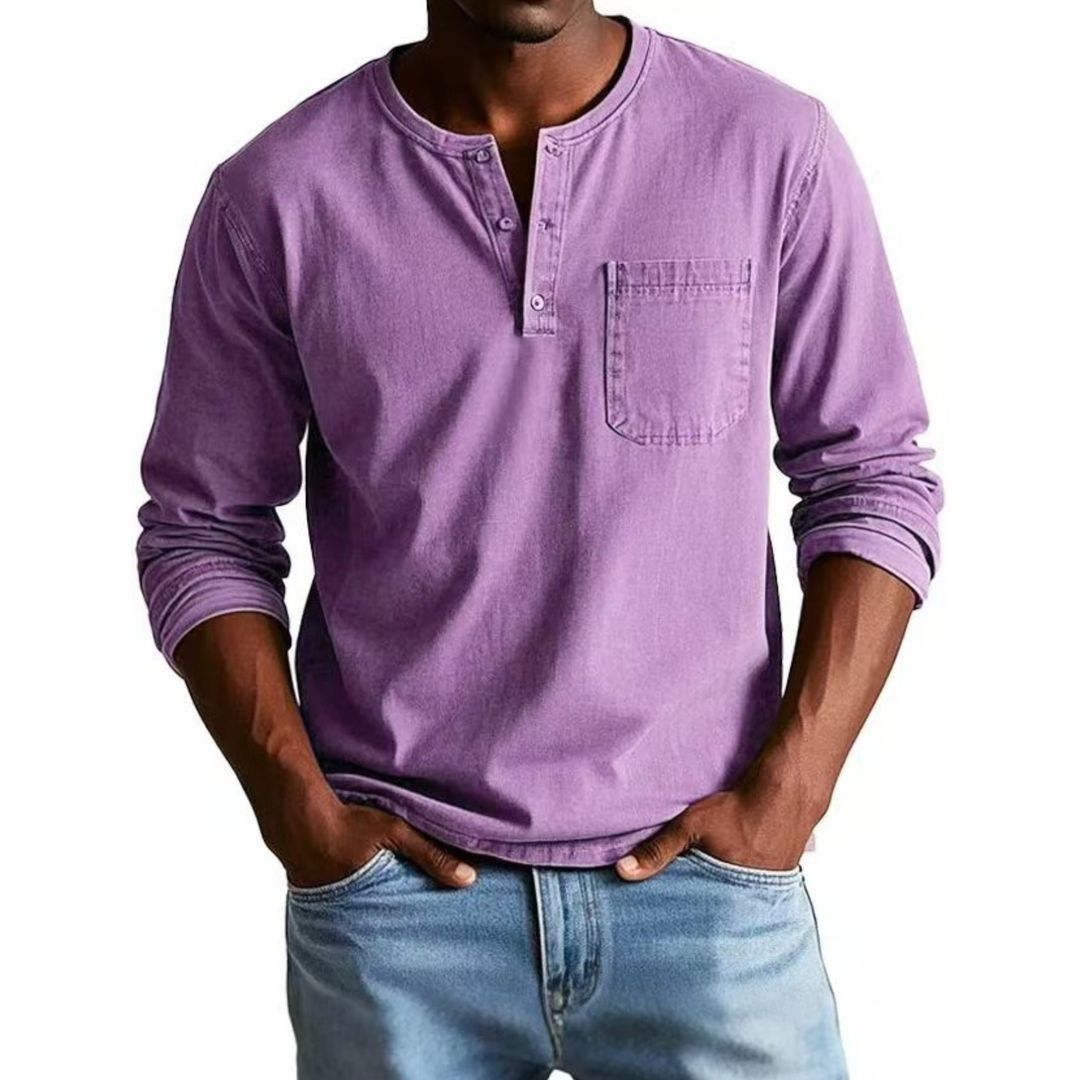 T-shirt Henley Décontracté Homme à Manches Longues Teint en Pièce