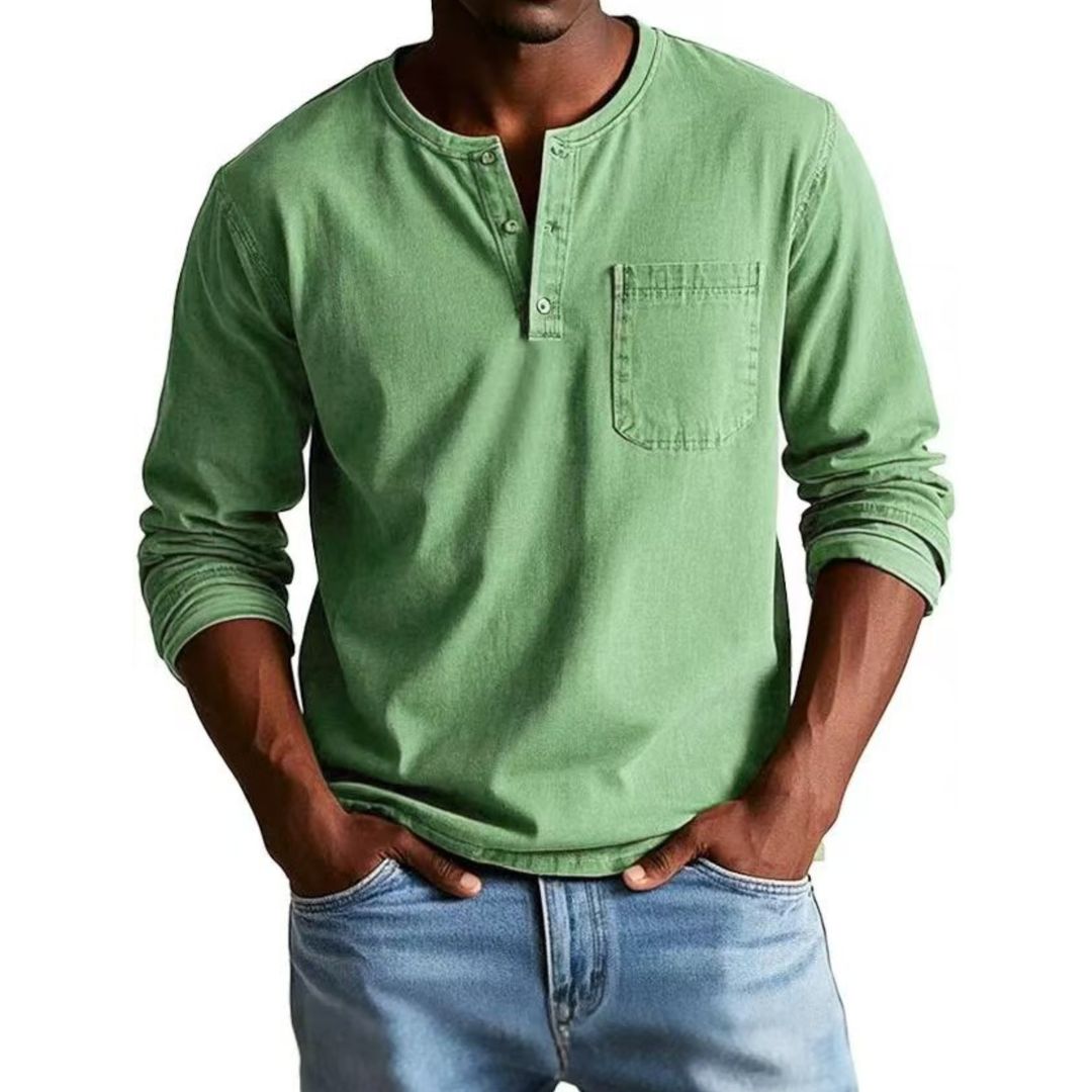 T-shirt Henley Décontracté Homme à Manches Longues Teint en Pièce