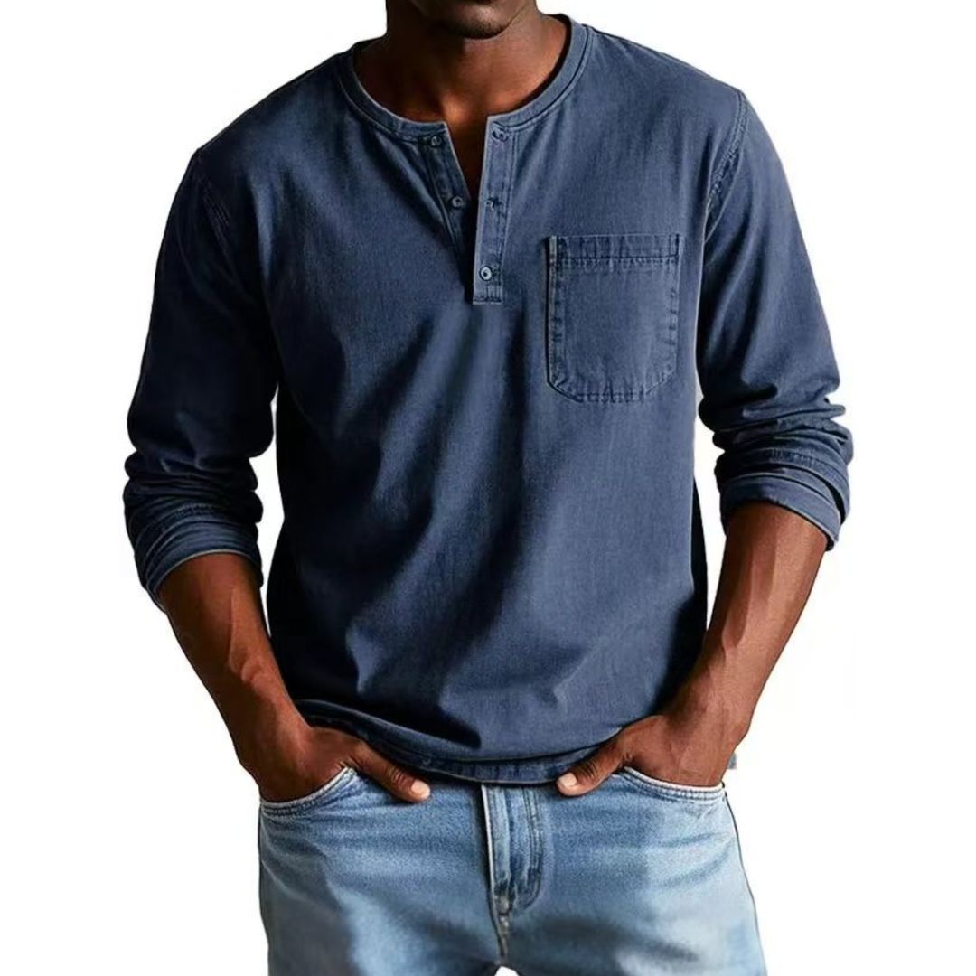 T-shirt Henley Décontracté Homme à Manches Longues Teint en Pièce