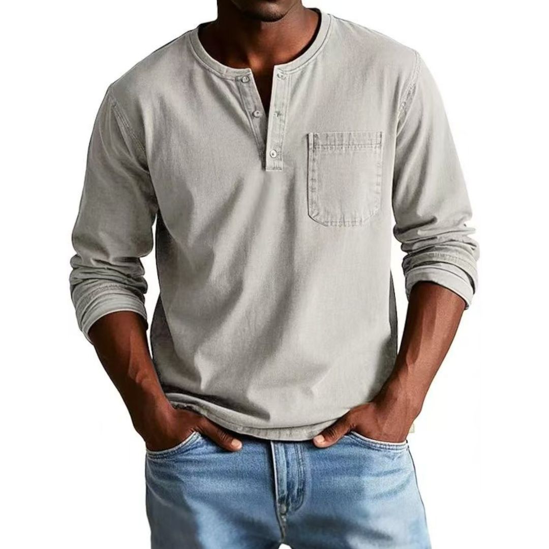 T-shirt Henley Décontracté Homme à Manches Longues Teint en Pièce