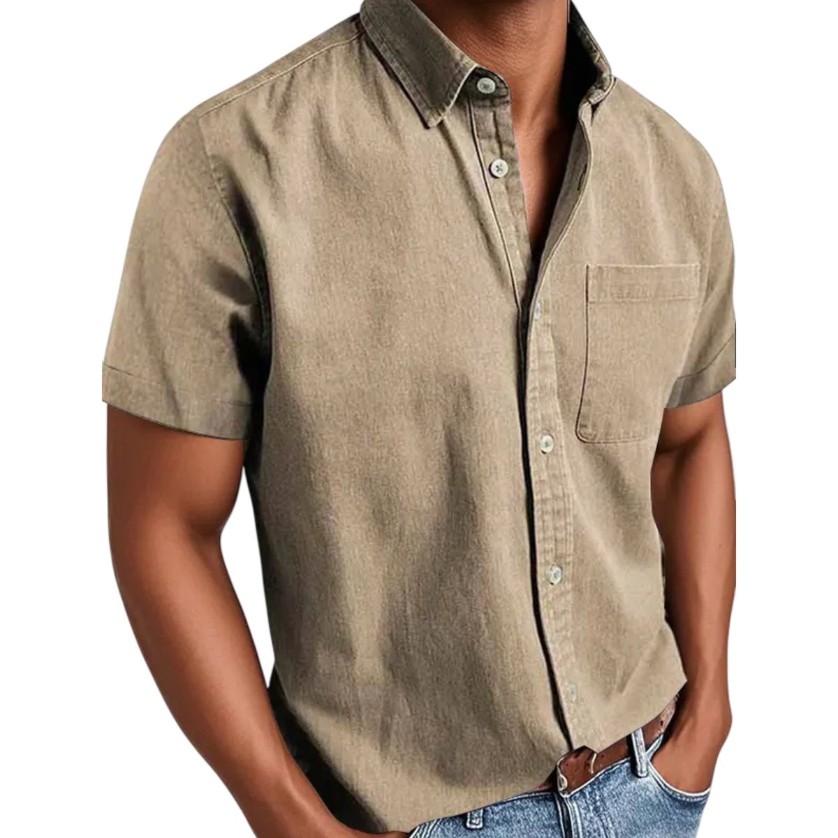 Khaki short-sleeve button-up shirt worn by a person on a white background