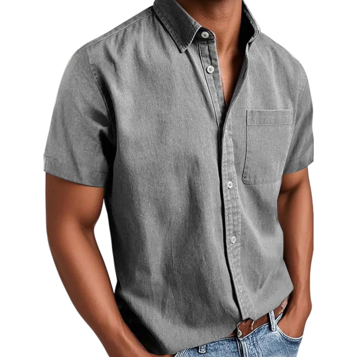 Gray short-sleeve button-up shirt worn by a person on a white background