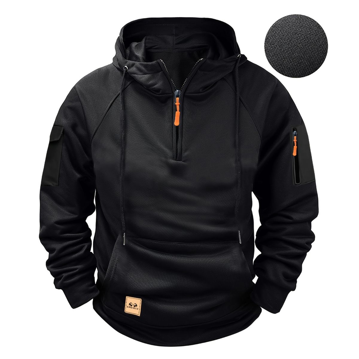 Black hoodie with orange zippers and details on a white background