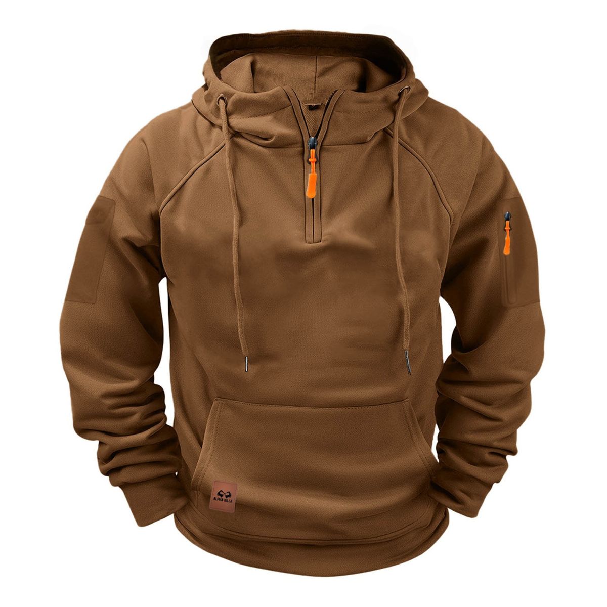 Brown hoodie with orange zippers on a white background