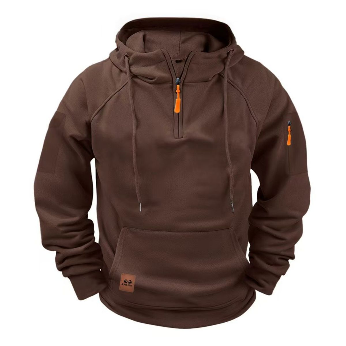 Brown hoodie with orange accents on a white background