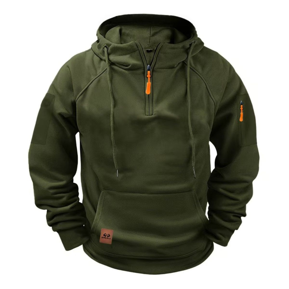 Olive hoodie with orange accents on a white background