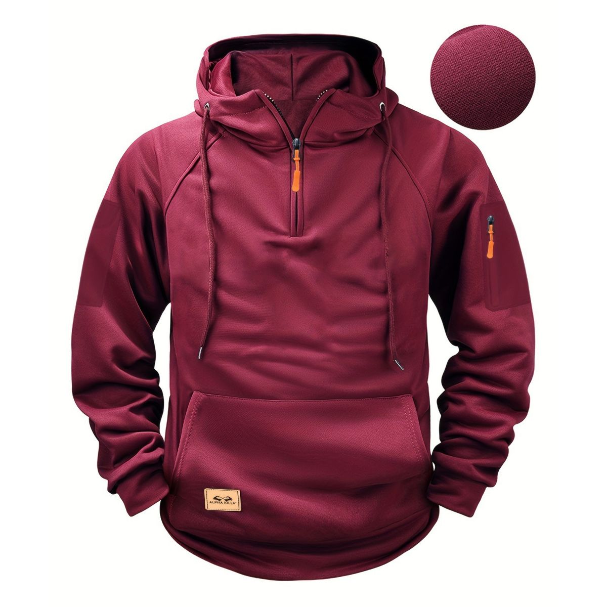 Red hoodie with orange accents on a white background