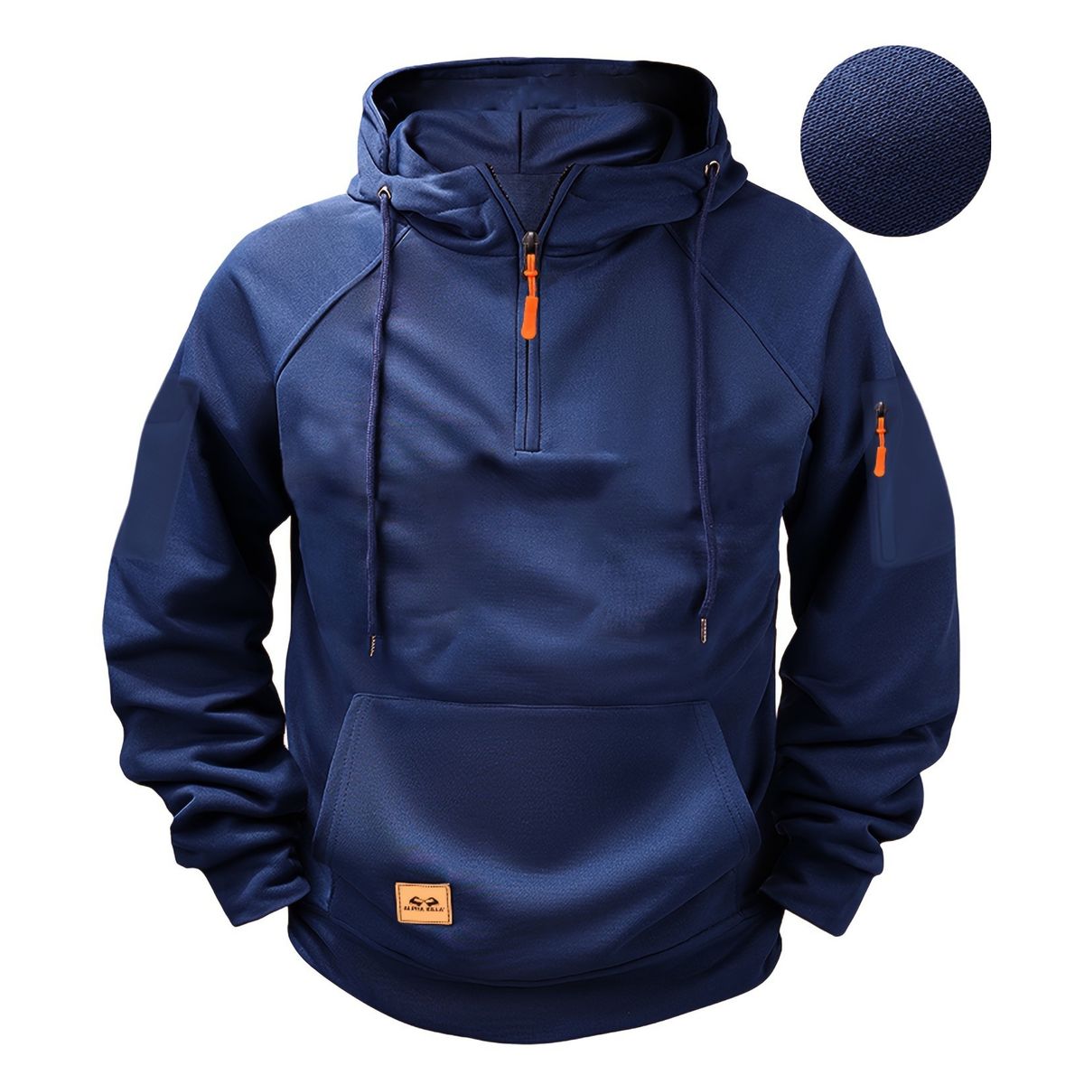 Blue hoodie with orange zippers on a white background
