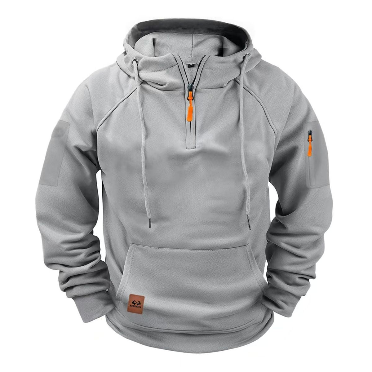 Gray hoodie with a zipper and brand logo on a white background