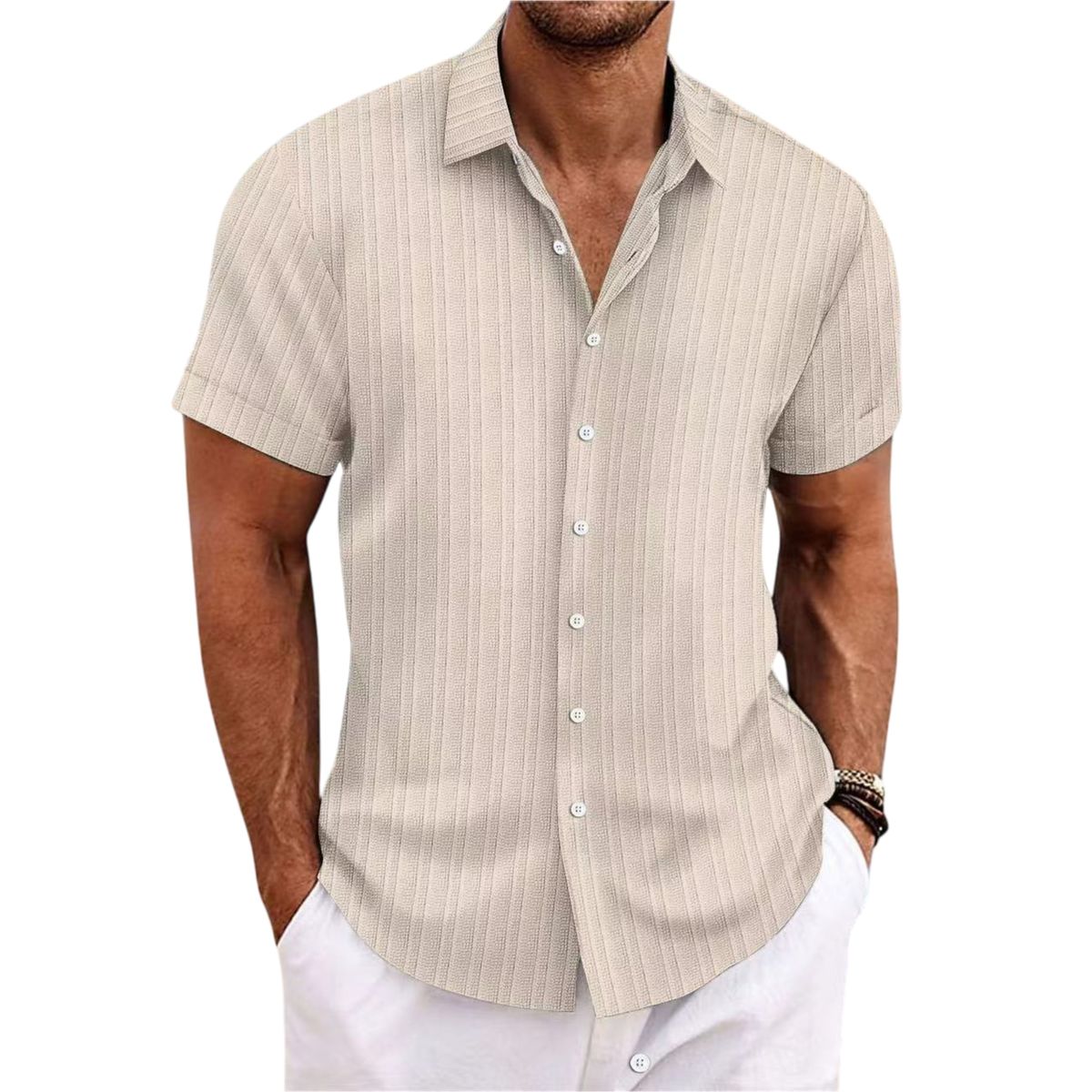 Man wearing a beige striped short-sleeve shirt on a white background