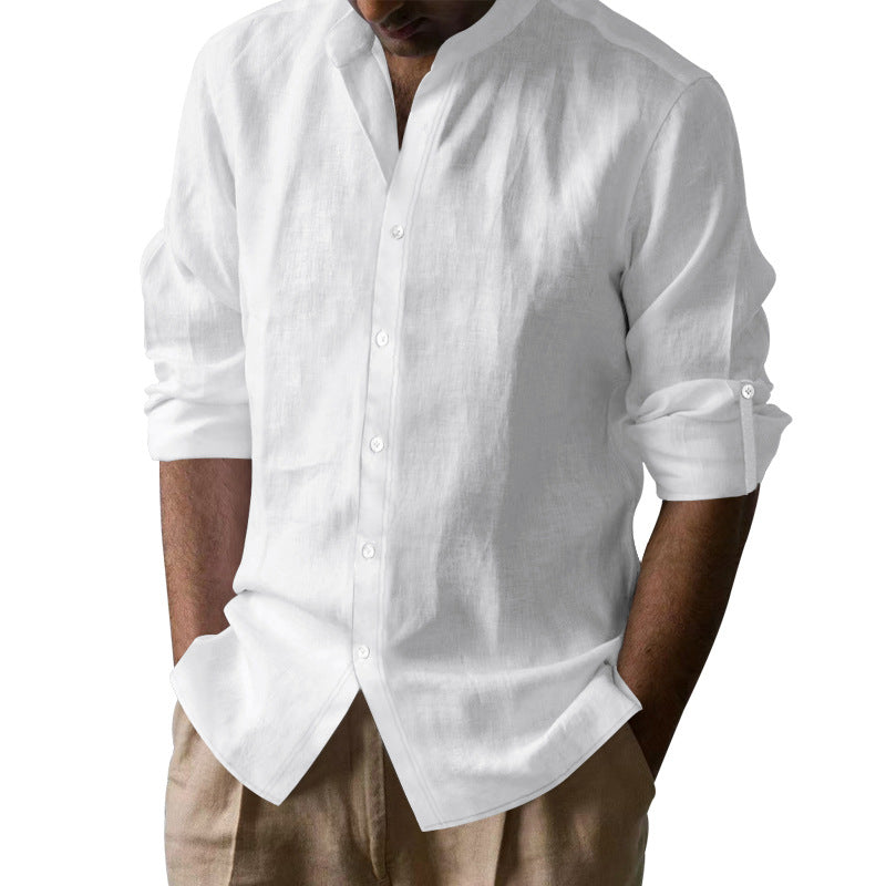 Men’s Linen Blend Band Long Sleeve Collar Shirt