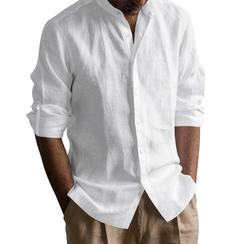 Men’s Linen Blend Band Long Sleeve Collar Shirt