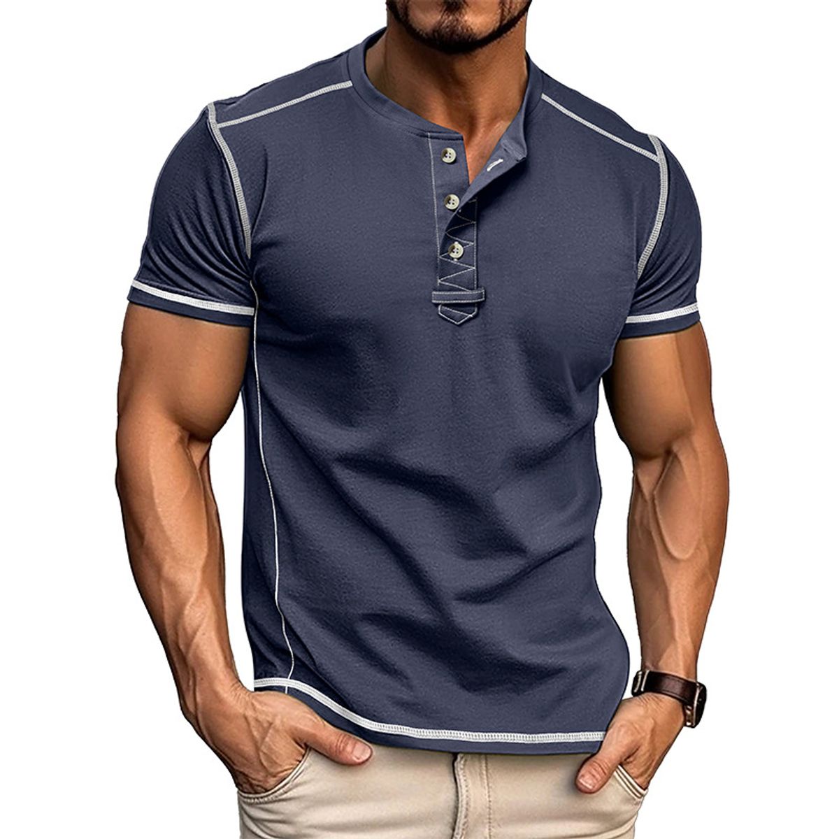 T-shirt Henley ajusté pour homme avec surpiqûres contrastées
