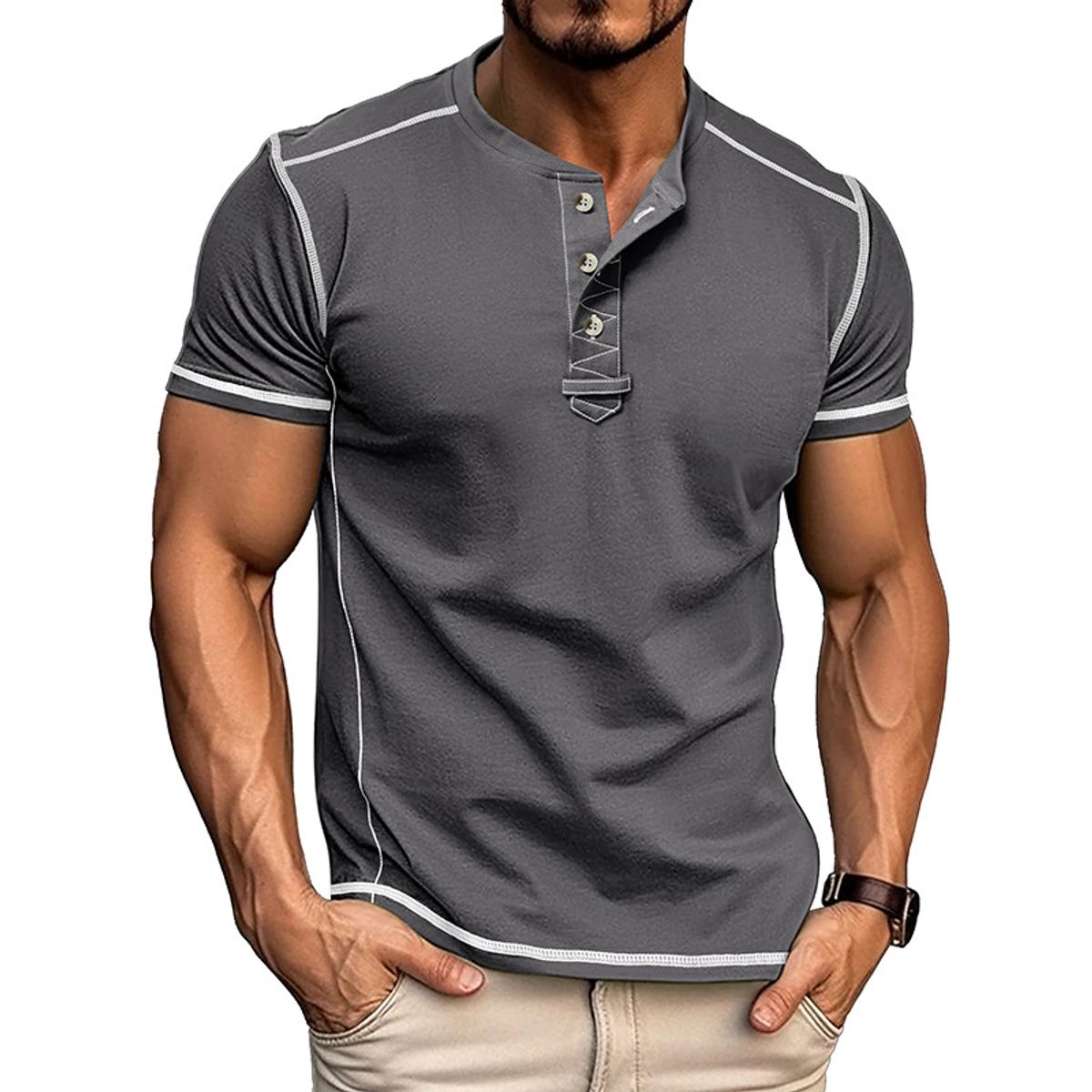 T-shirt Henley ajusté pour homme avec surpiqûres contrastées