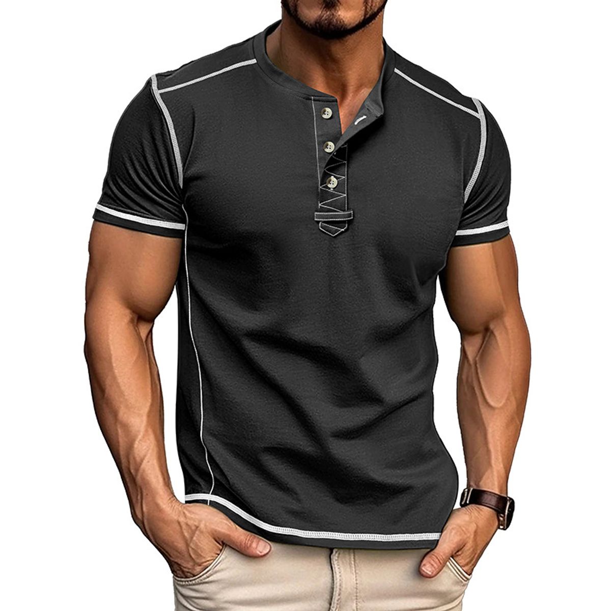 T-shirt Henley ajusté pour homme avec surpiqûres contrastées
