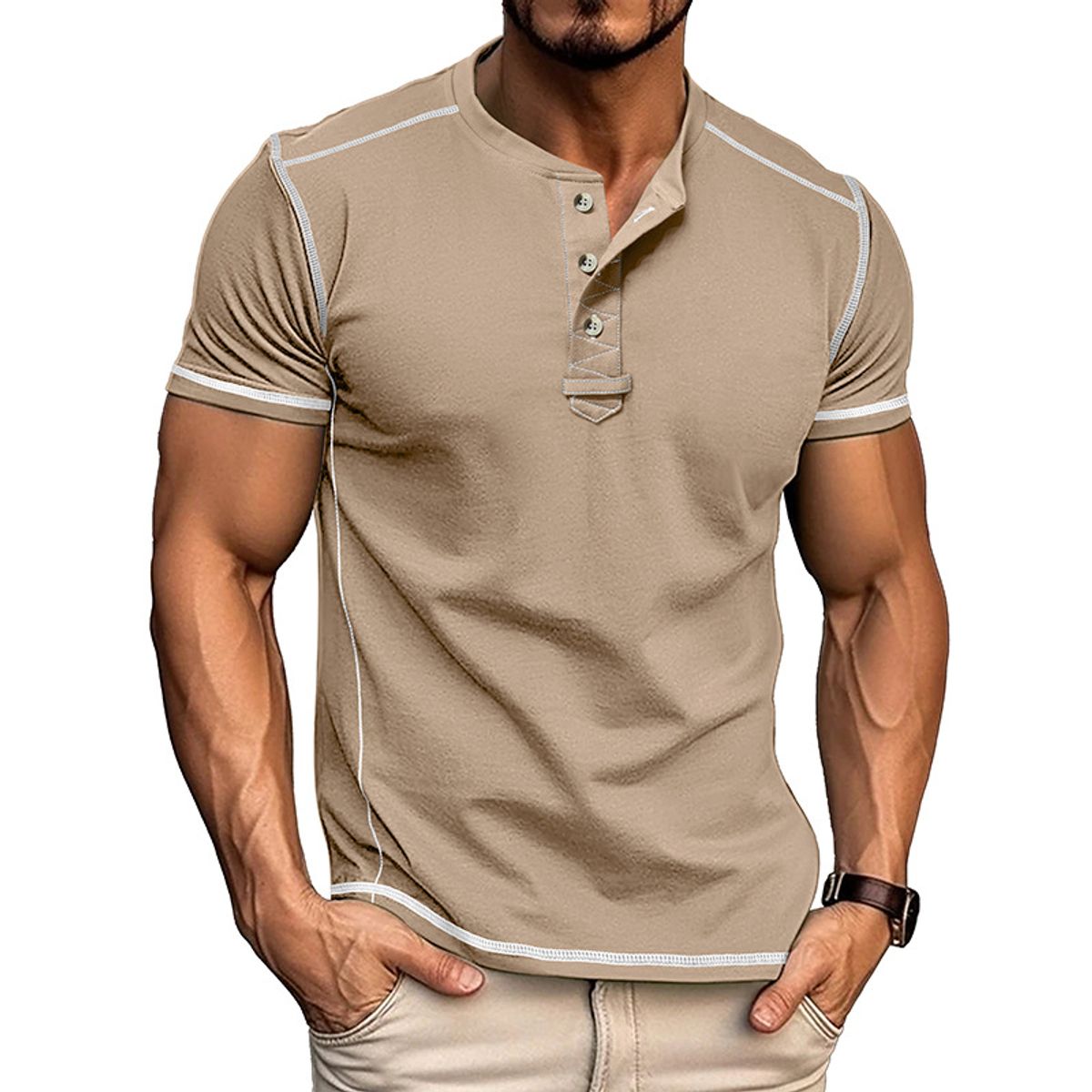T-shirt Henley ajusté pour homme avec surpiqûres contrastées