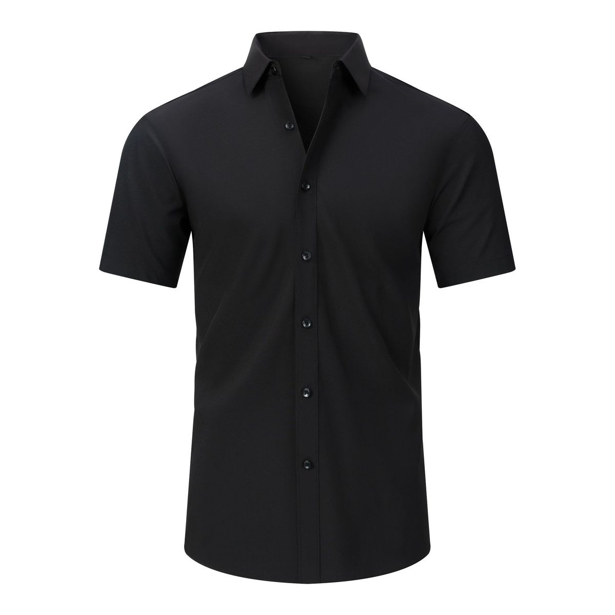 Black short-sleeve dress shirt on a white background