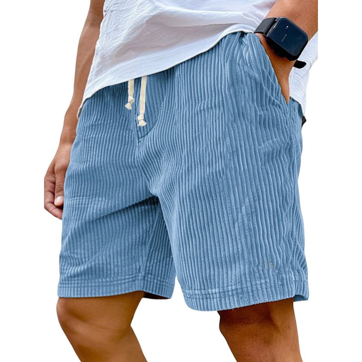 Blue striped shorts worn by a person on a white background
