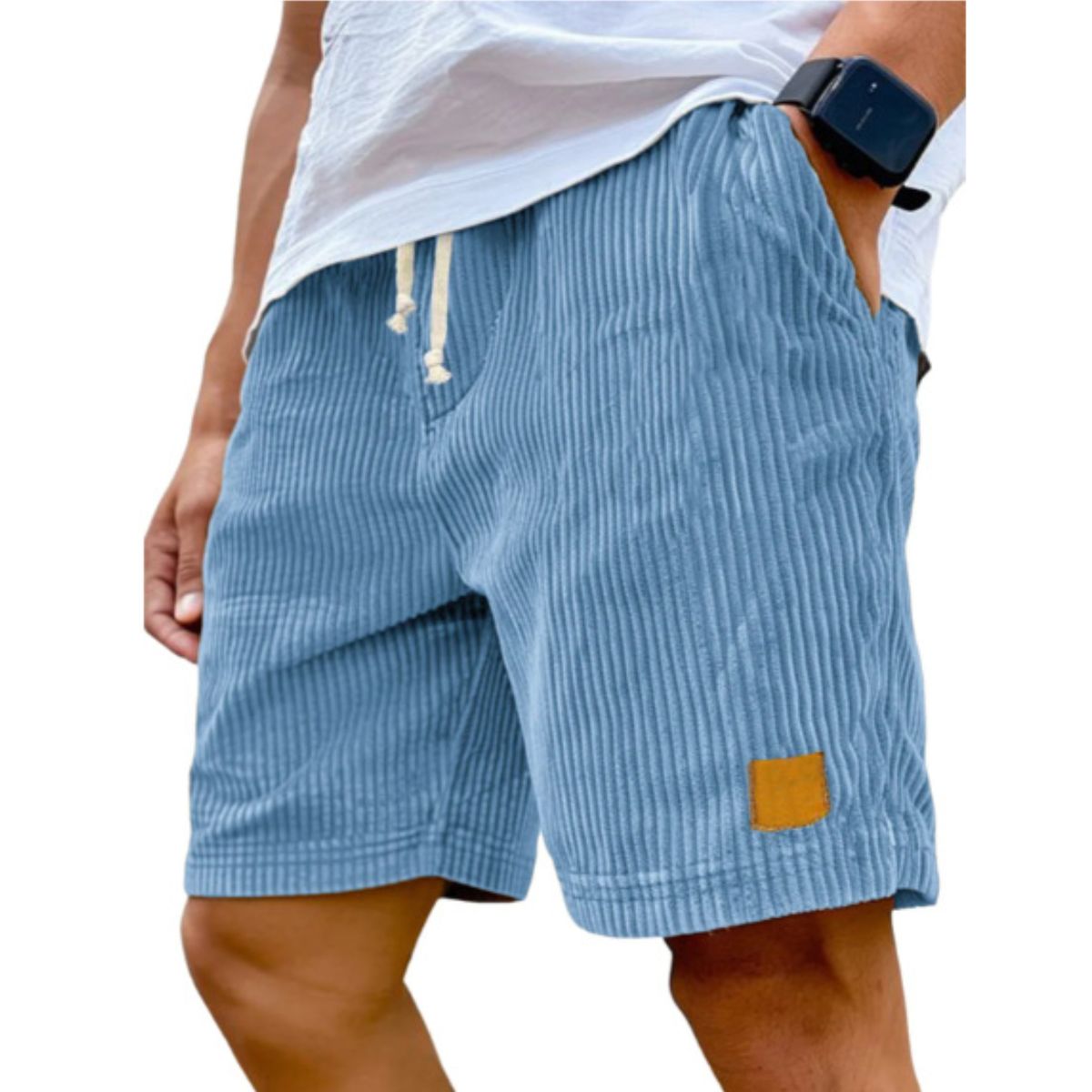 Blue striped shorts worn by a person on a white background