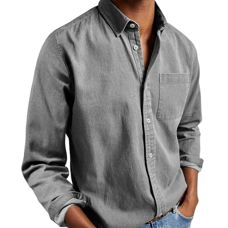Gray button-up shirt worn by a person on a white background