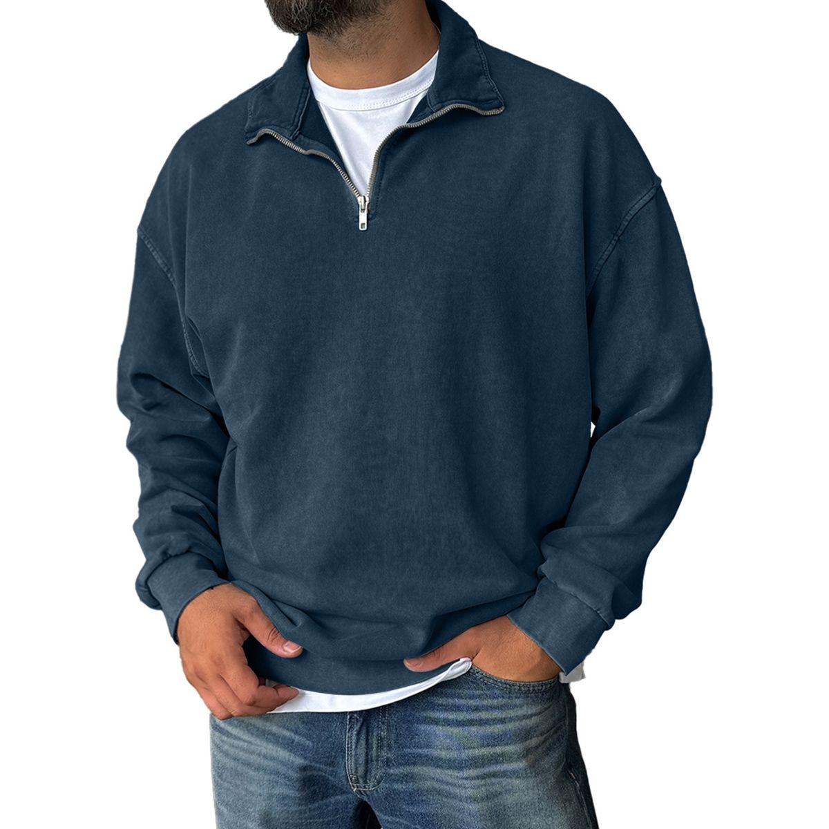Man wearing a navy blue pullover with a zipper on a white background