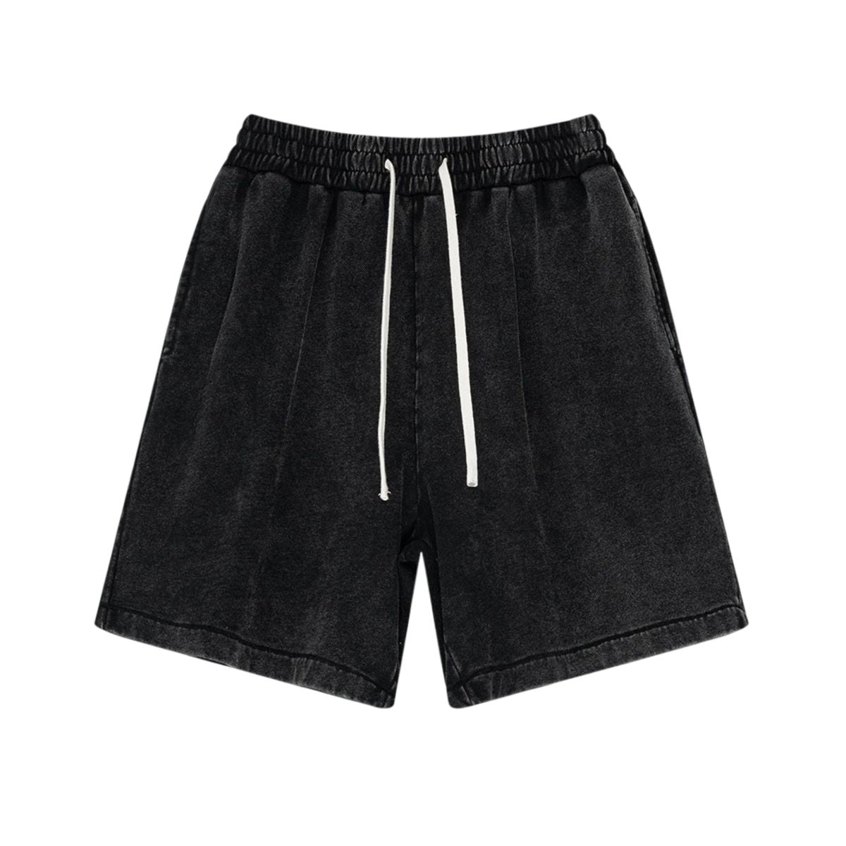 Black shorts with drawstring on a white background