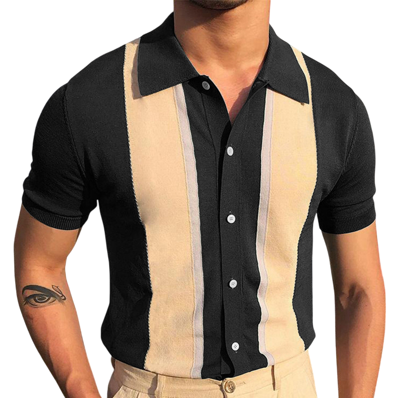 Men’s Vintage Colorblock Stripes Short Sleeve Button-Down Shirt product photo, view 4