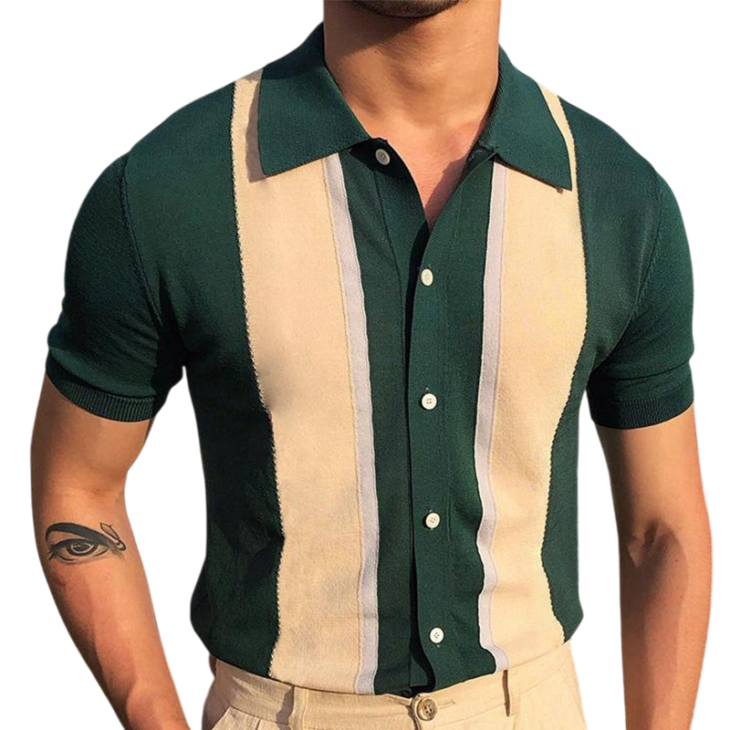 Men’s Vintage Colorblock Stripes Short Sleeve Button-Down Shirt