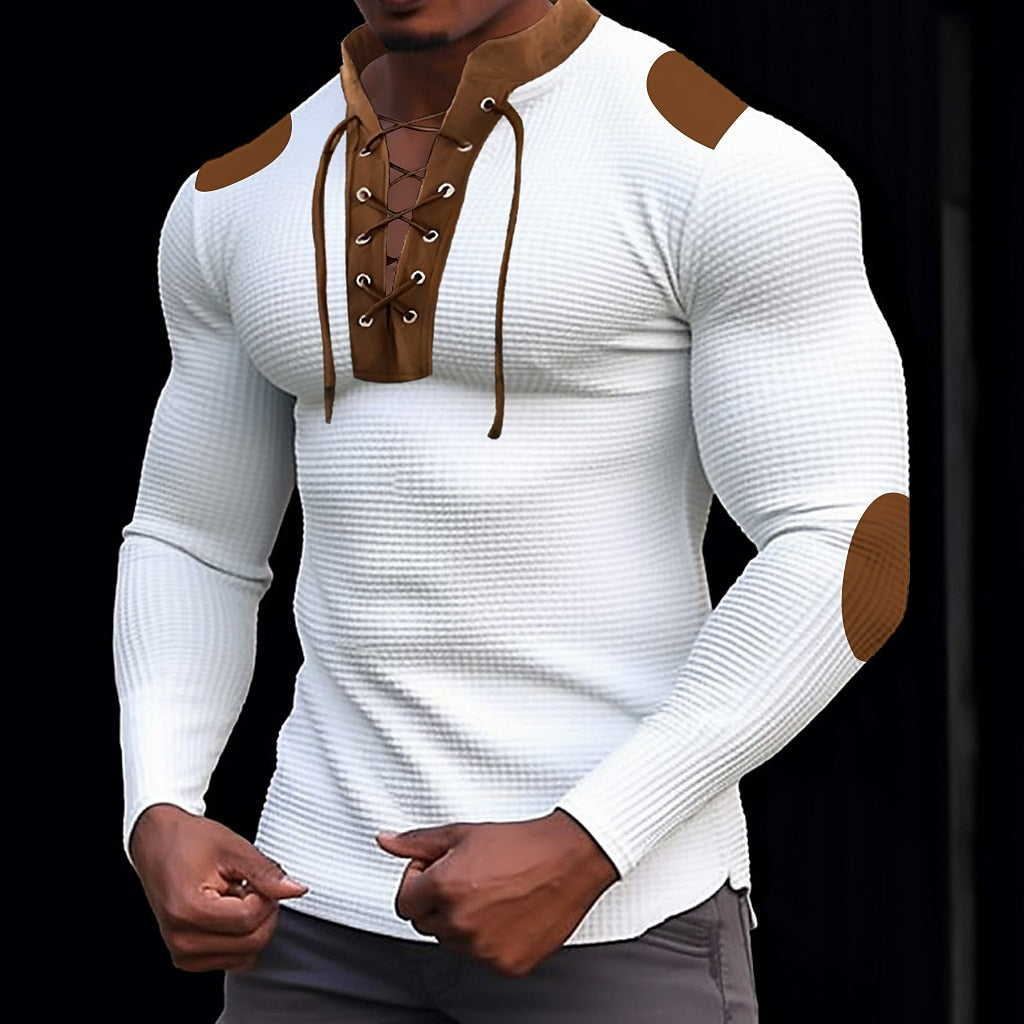 Men's Waffle Knit Color Block Long Sleeve Shirt-White
