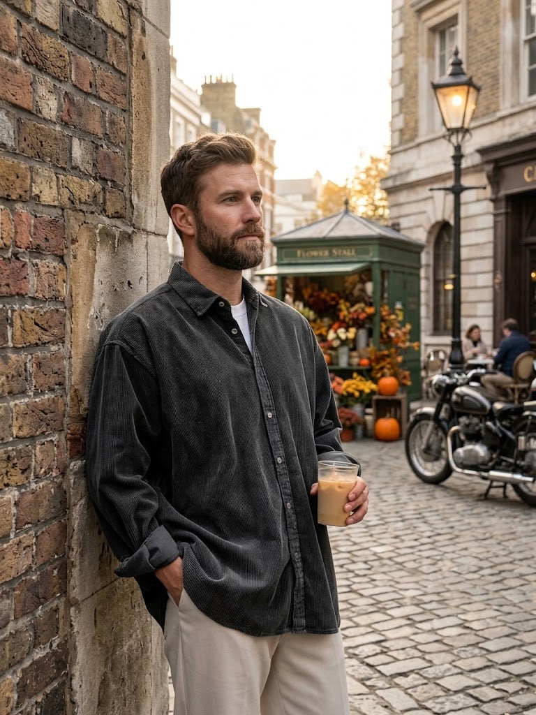 Chemise plissée boutonnée en velours côtelé doux pour hommes
