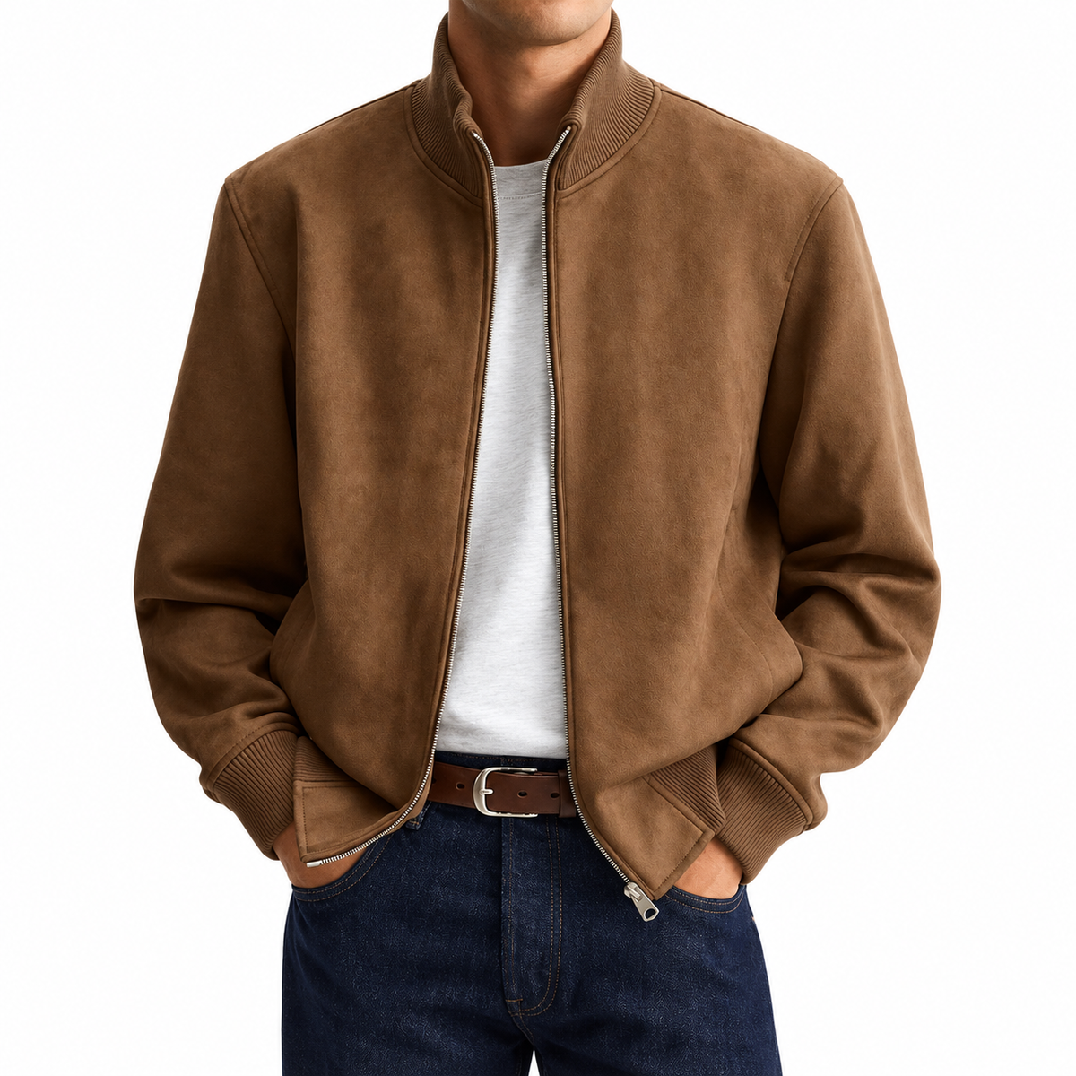 Men's Suede Stand Collar Zip-Up Jacket