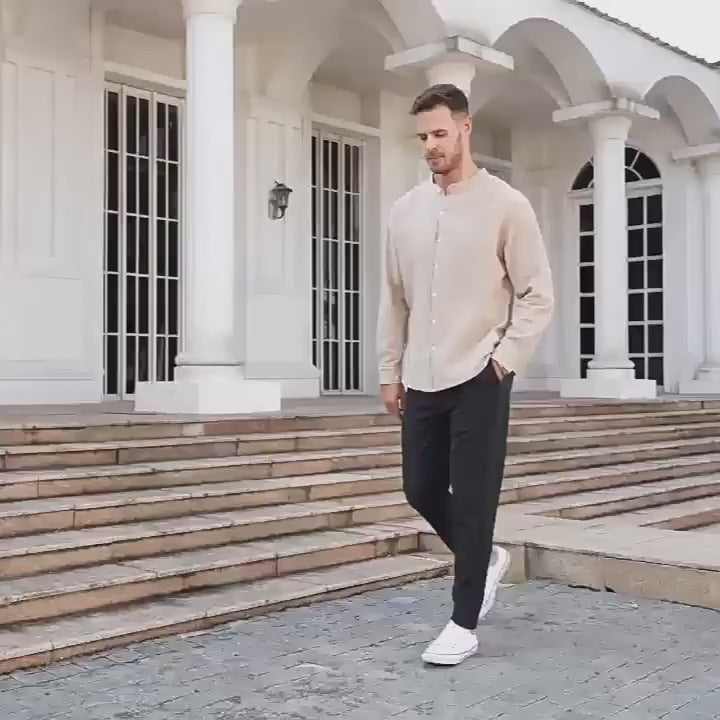 Men’s Linen Blend Band Long Sleeve Collar Shirt